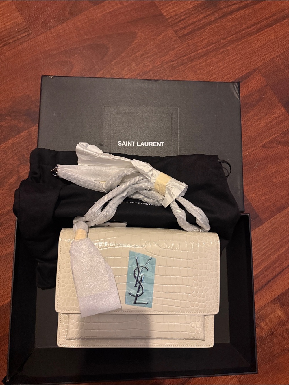 Saint Laurent Cream Croc-Embossed Crossbody with Black YSL Plaque